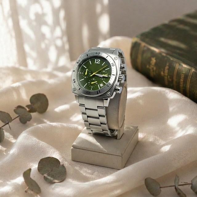 Square Cushion Case Chronograph Men's Watch Olive Green Dial Stainless Steel Bracelet Luminous Hands Date Window Vintage Sports