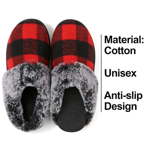Pamuklu Sıcak İç Mekan Tüylü Ekose Desenli Unisex Kaymaz Ev Terliği Kırmızı Siyah Kareli Tüylü Terlik Kadın Erkek İçin - Product Image 3