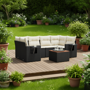 Conjunto de Sofá de Jardín de Ratán Negro con Cojines Crema, Muebles de Exterior de Diseño Contemporáneo, Ratán PE Resistente al Agua y a los Rayos UV - Product Image 2