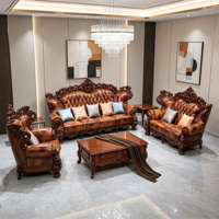 Luxuriöses Europäisches Königliches Handgeschnitztes Massivholz Echtleder-Sofa-Set Klassische Wohnzimmermöbel 3-2-1-Sitzer