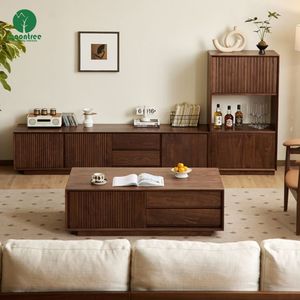 Combinazione <span class=keywords><strong>Mobile</strong></span> <span class=keywords><strong>TV</strong></span> e Tavolino Moontree di Alta Gamma in Legno Massello Color Noce <span class=keywords><strong>Nero</strong></span>, Arredamento da Terra per Soggiorno - Product Image 2