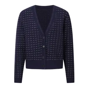 Maglieria <span class=keywords><strong>di</strong></span> lusso personalizzata con scollo a V Navy monopetto <span class=keywords><strong>in</strong></span> <span class=keywords><strong>cotone</strong></span> marca Cardigan lavorato a maglia <span class=keywords><strong>in</strong></span> <span class=keywords><strong>filo</strong></span> dorato maglione donna - Product Image 1