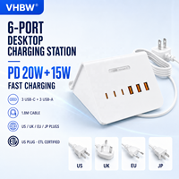 Station de charge rapide PD 35W noire, chargeur USB 6 ports 3C3A, support de téléphone de bureau avec câble de 1,8 m, prise UK, certifié UKCA