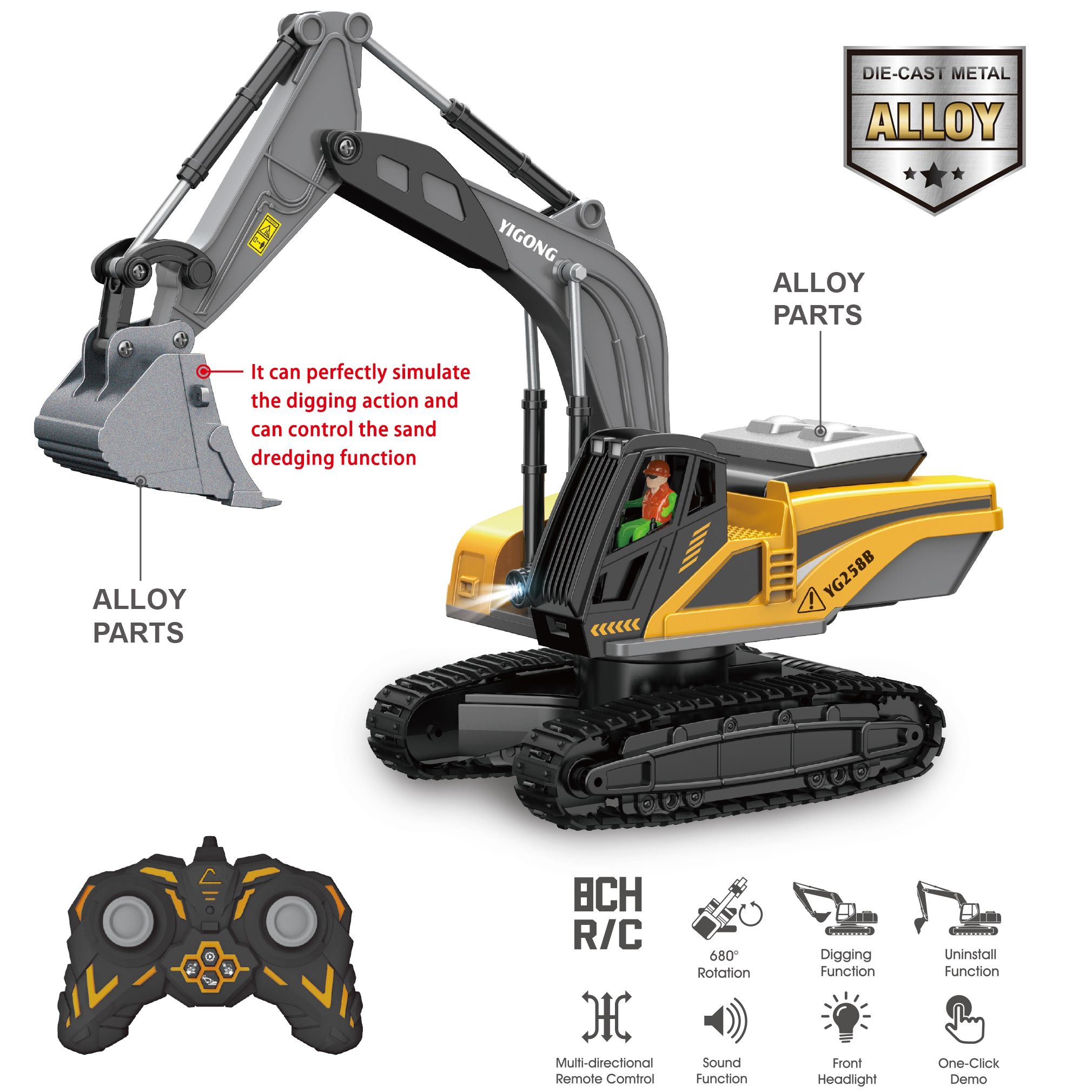 Yigong 40MHz 1/20スケール 合金製 8チャンネル RC掘削機 ラジコン建設