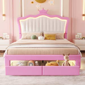 Upholstered <b>Bed</b> Frame with <b>LED</b> Lights & Crown Headboard Soft MDF Wood Includes a Drawer - Product Image 3