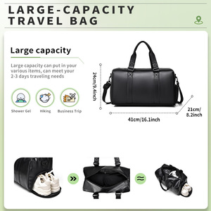 Sac de voyage décontracté pour homme en PU grande capacité avec boucle en corde, bagage à séparation sec/humide, sac de sport noir - Product Image 2