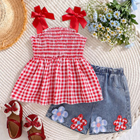 Ensemble haut smocké à carreaux et short en jean pour filles, tenue légère et tendance pour enfants