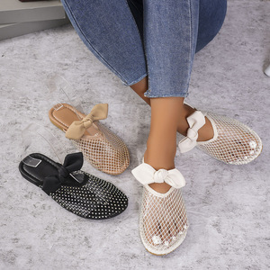2026 nuovo KJ signore <span class=keywords><strong>pantofole</strong></span> 2024 estate spiaggia scivoli <span class=keywords><strong>mare</strong></span> piatte nero bianco maglia con strass Bowknot Casual <span class=keywords><strong>pantofole</strong></span> per le donne - Product Image 2