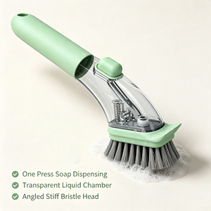 Brosse de nettoyage de cuisine à long manche en plastique avec distributeur de savon et poils en nylon, anti-éclaboussures, pour vaisselle et casseroles - Product Image 2