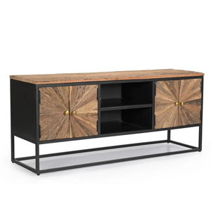 Industrial Style Wagon Wood TV Cabinet Natural Wooden Finish with <b>Black</b> Powder Coated Mild Steel Frame Media <b>Console</b> Storage - Product Image 2