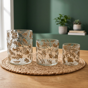 Bocal à bougie décoratif en verre droit, cylindre transparent martelé, motif feuille d'or, pour la maison, Noël, mariage, porte-bougie - Product Image 1