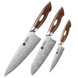 XINZUO High Quality Japanese 110 Layers Damascus Steel Desert Ironwood Handle Kitchen Chef Knife Set 3Pcs