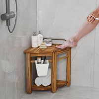Banc de douche d'angle en bois de teck, banc de salle de bain imperméable, marchepied antidérapant pour la douche et le rasage des jambes avec panier de rangement et étagère