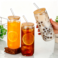 Bocaux en verre transparent avec couvercles en bambou et pailles, multi-usages pour jus, thé, thé au lait aux bulles, ensemble de verrerie écologique réutilisable