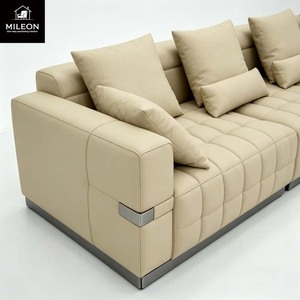 Ensemble de canapés sectionnels en forme de L modernes en cuir <span class=keywords><strong>beige</strong></span>, canapé modulaire pour salon avec table d'appoint, meubles de luxe pour villa, maison, hôtel - Product Image 3