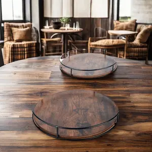 12インチの素朴な茶色の木製の怠惰なスーザンテーブルターンテーブル装飾的な360度オーガナイザー、フードプレート皿用スチールフレーム付き