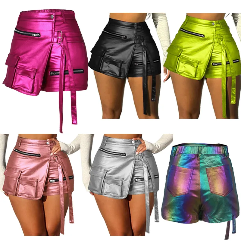 Zomer Vrouwen Kleding Strakke Zilver Metallic Mini Glanzende Shorts Hoge Taille Split Sexy Pu Cargo Lederen Shorts Broek Voor Vrouwen Skort