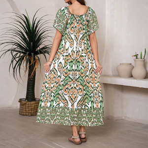 Vestido de vacaciones estampado para mujer, mangas cortas, cuello cuadrado o hombros descubiertos, falda plisada holgada de dos formas, ropa de playa y orilla del mar - Product Image 2