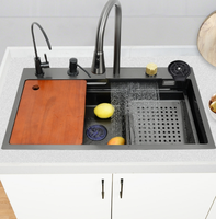 Évier de cuisine moderne et populaire en acier inoxydable, grand carré, à cuve unique, à encastrer sous plan, avec cascade, finition brossée, cinq trous, design