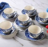 Service à thé et café Yanjun Jiangxi en porcelaine fine, motif floral bleu et blanc, théière, tasses, soucoupes, crèmeuse, sucrier, décoration d'intérieur, cadeau