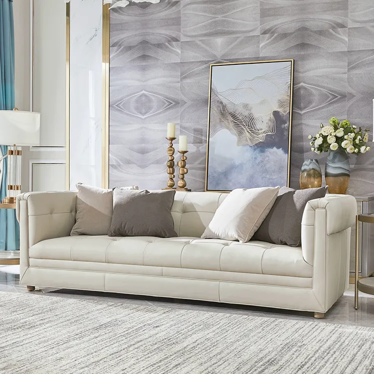 Sofá chesterfield de couro com botões estilo moderno americano, conjunto de sofá de couro cinza de grão superior, mobília para sala de estar, sofá de 3 lugares