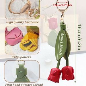 Fashion Tulip <b>Bag</b> Decoration PU Leather Leaf Flower Key Chain Fashion Cute <b>Charm</b> Creative <b>Bag</b> Pendant for Friends Lovers - Product Image 2