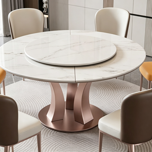 Table à manger ronde moderne en pierre frittée avec plateau rotatif, 6 chaises rembourrées, design minimaliste durable pour la salle à manger - Product Image 6