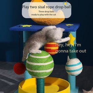 Tour d'escalade pour chat en bois avec étoiles et lune, lit en chanvre, plateforme de saut, nid, colonne à gratter pour chat - Product Image 5