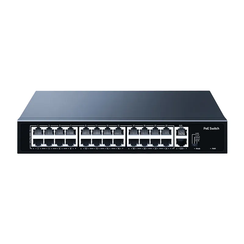 26 POE anahtarı 24 Port 100MBase-T 2 Gigabit Uplink 300W 1U rafa hızlı ağ Switcher için IP kamera/NVR/gözetim