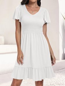 Vestido Casual de Verano para <span class=keywords><strong>Mujer</strong></span>, Color Sólido, Cuello en V, Manga Corta con Volantes, Estilo Fluido, Largo hasta la Rodilla, con Bolsillos, Elegante y Sencillo - Product Image 2