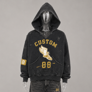 Sweat à capuche court <span class=keywords><strong>en</strong></span> molleton épais 100% coton, coupe ample, col <span class=keywords><strong>en</strong></span> V, imprimé sérigraphié, effet vintage délavé à l'acide, personnalisé, collection automne - Product Image 1