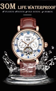 Montre mécanique pour homme KINYUED, boîtier en acier inoxydable, bracelet en cuir, étanche 3BAR, tourbillon, luxe, mode - Product Image 5