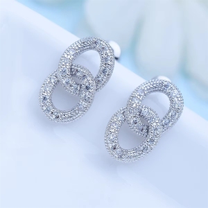 Perhiasan Pengantin Berlapis Emas Putih Rhodium Zirkon Baru Model Pave 2 Cuban Link Anting Stud Keren - Product Image 3