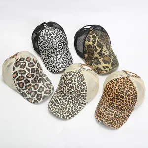 JAKIJAYI-Gorra de algodón con estampado de leopardo para mujer, gorro de malla con estampado de leopardo, vaquero desgastado, para deportes, moño desordenado, cola de caballo