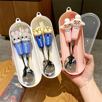 Offre Spéciale – Ensemble de Couverts Portables en Acier Inoxydable 304 : Cuillère, Fourchette et Baguettes Anti-Brûlure et Anti-Chute, Motif Animaux de Dessin Animé de la Ville des Animaux