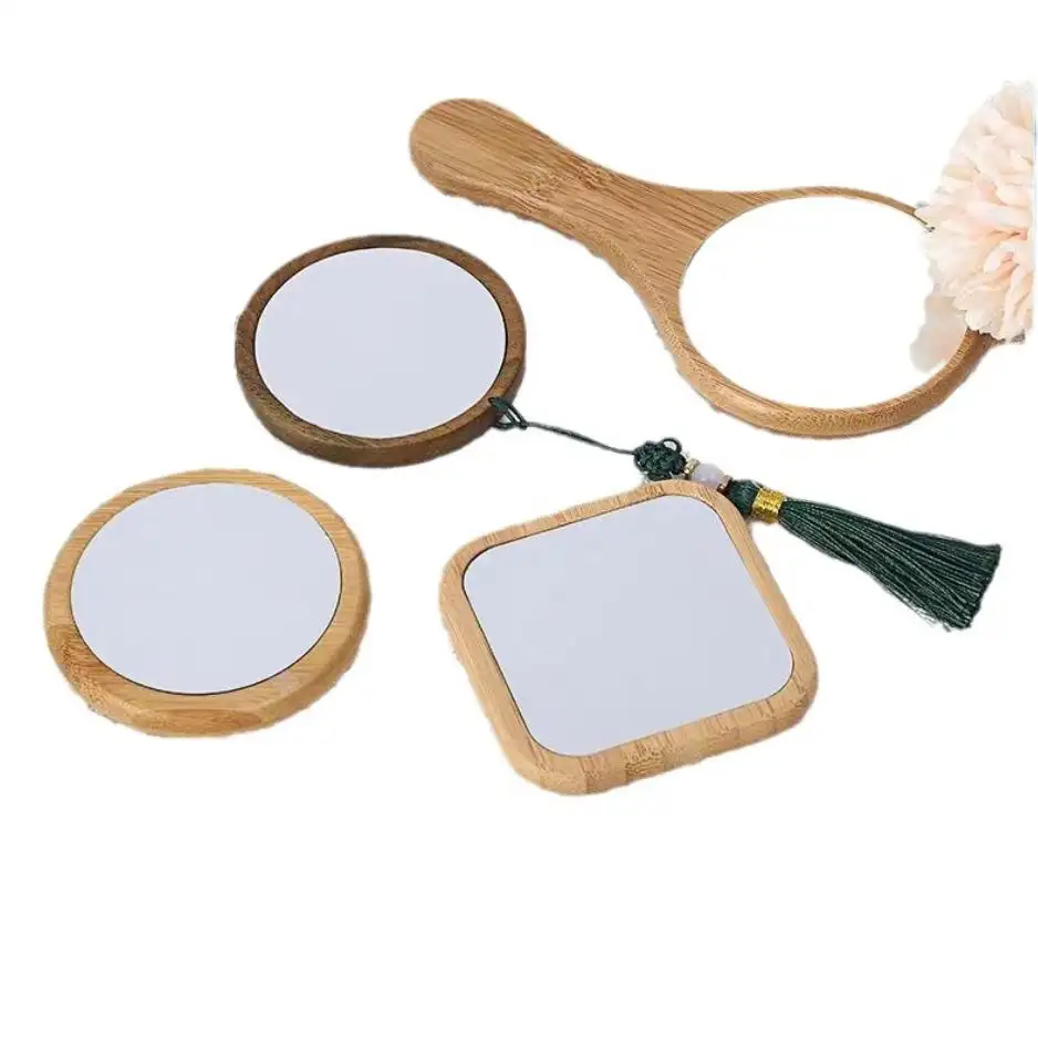 Mini miroirs carrés en bois personnalisés avec cadre Miroir cosmétique Poche ronde Petits miroirs de maquillage en bois de bambou portables