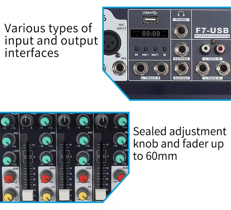 SIKUING Audio Mixer, 6-kanaals mengpaneel, professionele DJ-mixer met 16 DSP-effecten, USB-audio-interface/BT en 48V fantoomvoeding, stereo voor pc- opname/podium/karaoke/studio/streaming