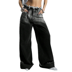 Pantalones vaqueros de mezclilla de mujer al por mayor, de cintura baja, con degradado, flecos sin rematar, cintura con cordón, pierna recta hasta el suelo, holgados y de pierna ancha - Product Image 4