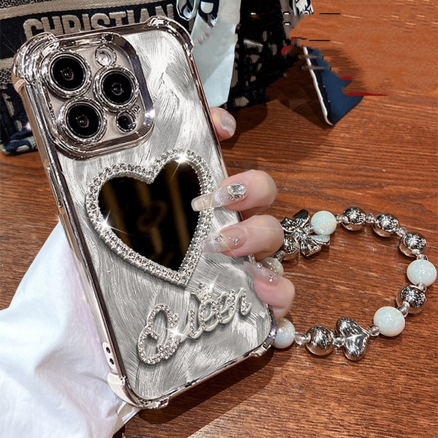 New Luxury 3D Love Makeup Mirror with Bracelet Chain Phone Case for Iphone 16 15 14 13 12 Pro Max Shiny Feather Yarn Cell Cover