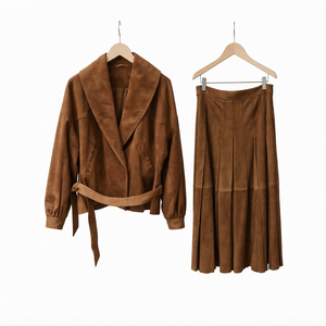 Ensemble deux pièces pour femme : Blazer en suède et jupe plissée avec ceinture, tenue décontractée d'automne, couleur unie, manches longues, coupe classique - Product Image 1