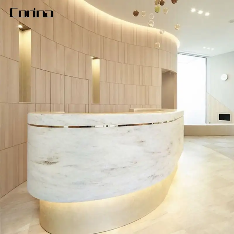 custom luxury artificial stone mall curve reception counter marble hotel LED reception desks