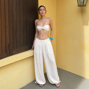 Retro Embroidered Drawstring Knit Flared Pants Women Mid Waist Casual Street Style Fashion Versatile Long Trousers - Product Image 2