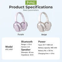 Casque sans fil HTC HP07 AI à réduction de bruit 6.0, longue autonomie, pour le sport et le gaming