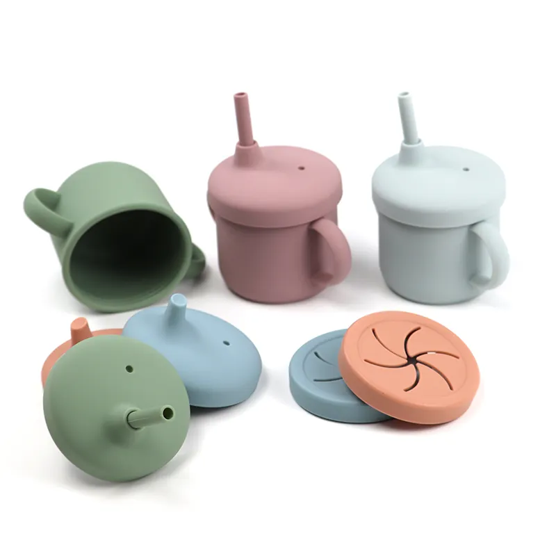 Fournitures écologiques pour bébés, distributeur de snacks en silicone, gobelets 3 en 1 en silicone violets anti-fuite pour enfants