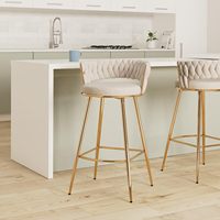 Lot de 2 tabourets de bar de luxe en velours, hauteur comptoir, avec pieds en métal doré, dossier tissé beige élégant, sans accoudoirs