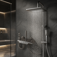 Ensemble de douche moderne en aluminium brossé avec pommeau de douche rectangulaire, système de robinetterie à trois poignées, 2 modes : Doux/Jet/Massage/Pause