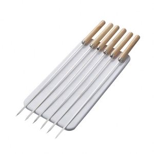 Palillos de barbacoa de madera con mango de acero inoxidable para exteriores, con tenedores redondos y planos y herramientas de barbacoa con aguja - Product Image 1