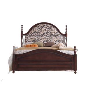 <span class=keywords><strong>Cama</strong></span> de Plataforma Estilo Americano Retro - Madera Maciza de Nogal Oscuro con Cabecera Curva Tapizada en Floral Beige y Azul - Product Image 3