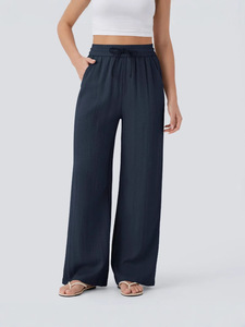 กางเกงขายาวทรงตรงเอวสูงสำหรับผู้หญิง มีเชือกผูก เอวสูง ระบายอากาศได้ดี เป็นมิตรกับสิ่งแวดล้อม ผ้าฝ้าย มีกระเป๋าข้าง ทรงหลวม ใส่สบาย เหมาะสำหรับไปเที่ยวชายหาด - Product Image 3