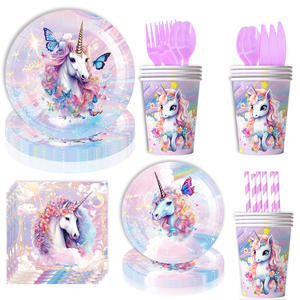 طقم أدوات مائدة ورقية للاستعمال مرة واحدة بتصميم يونيكورن وفراشة مخصص لحفلات استقبال المولود وأعياد ميلاد الأطفال، أطباق وأكواب ورقية - Product Image 2